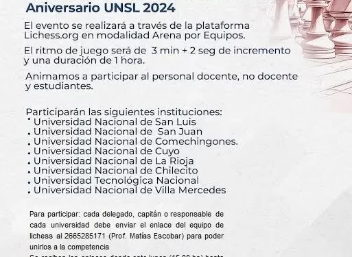 TORNEO ONLINE AMISTAD DE AJEDREZ POR EL 51° ANIVERSARIO DE LA UNSL