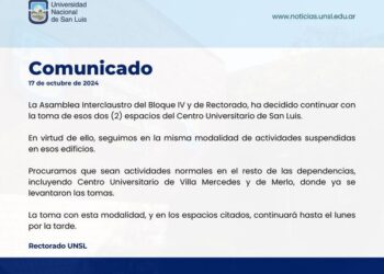 LA ASAMBLEA INTERCLAUSTRO DEL BLOQUE IV Y DE RECTORADO, HA DECIDIDO CONTINUAR CON LA TOMA DE ESOS DOS (2) ESPACIOS DEL CENTRO UNIVERSITARIO DE SAN LUIS.