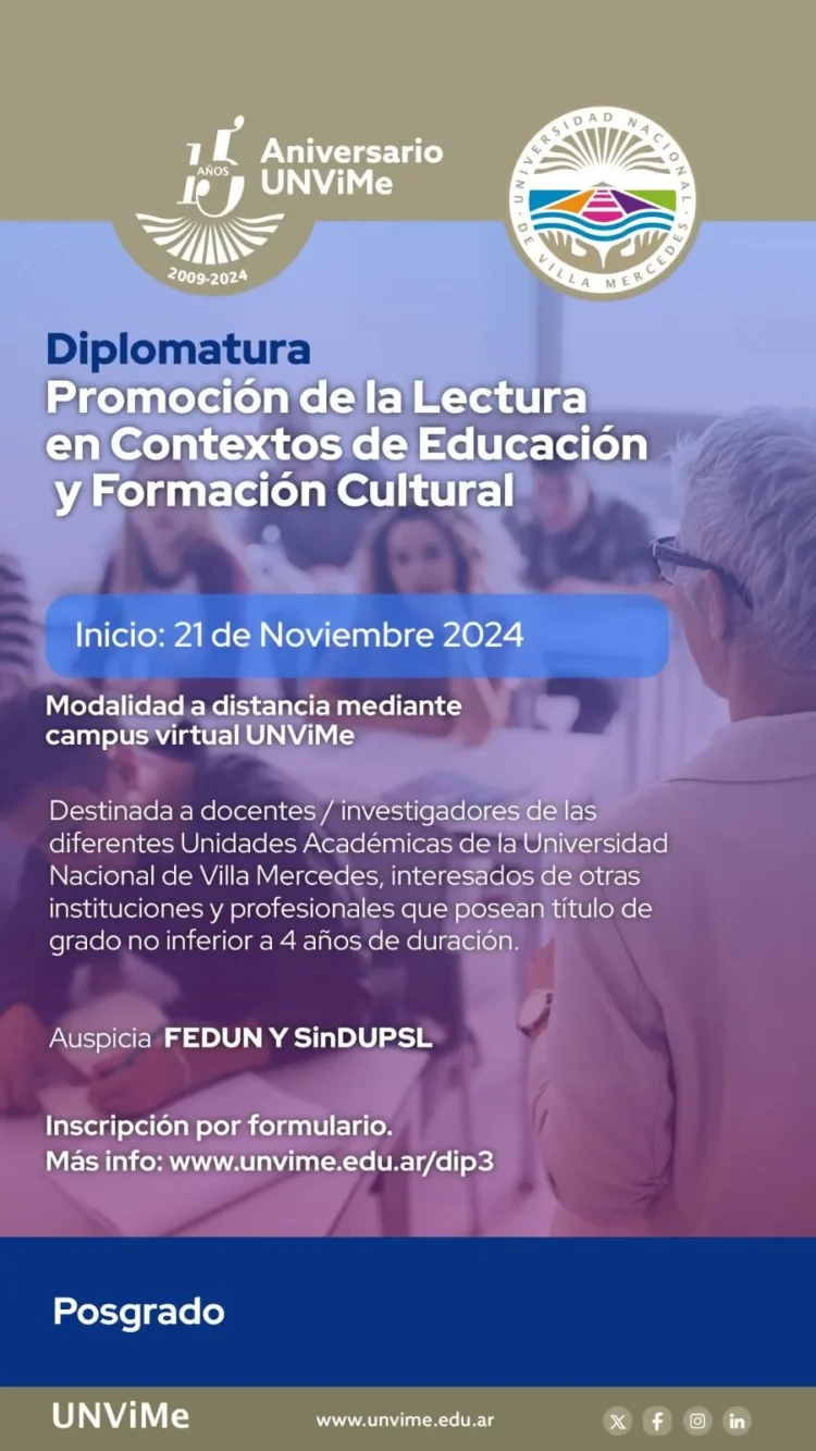 UNVIME: OFERTA DE POSGRADO: PROMOCIÓN DE LA LECTURA EN CONTEXTOS DE EDUCACIÓN Y FORMACIÓN CULTURAL