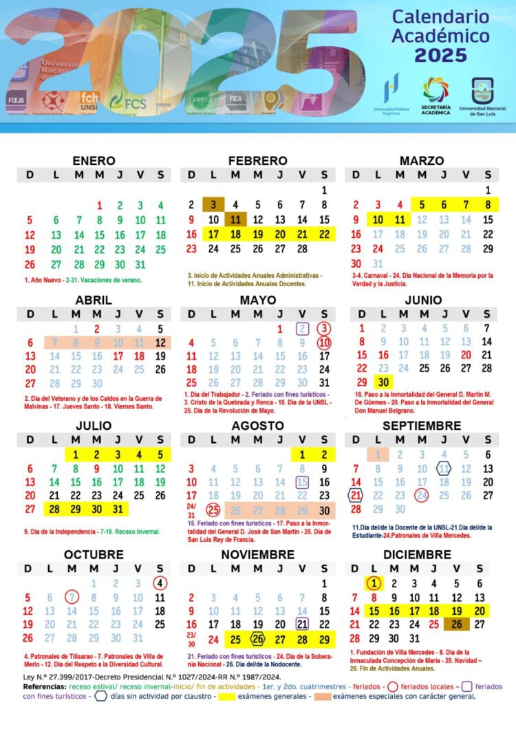 UNSL: SE ENCUENTRA DISPONIBLE EL CALENDARIO DE ACTIVIDADES ACADÉMICAS 2025