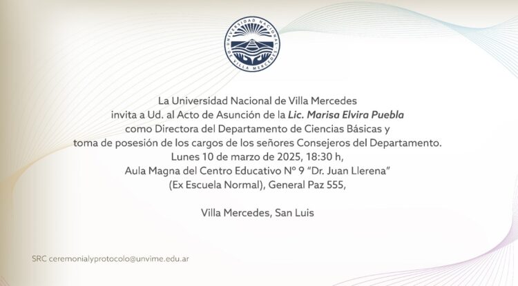 UNVIME: LA UNIVERSIDAD INVITA AL ACTO DE ASUNCIÓN DE LAS NUEVAS AUTORIDADES DEL DEPARTAMENTO DE CIENCIAS BÁSICAS