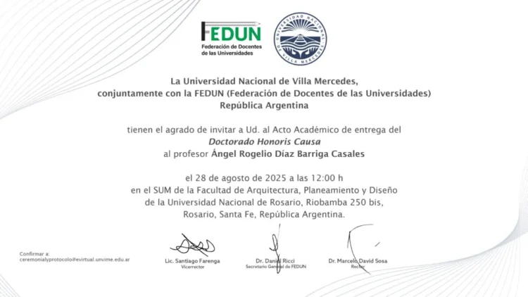 LA UNVIME ENTREGARÁ EL DOCTORADO HONORIS CAUSA AL CATEDRÁTICO ÁNGEL ROGELIO DÍAZ BARRIGA CASALES