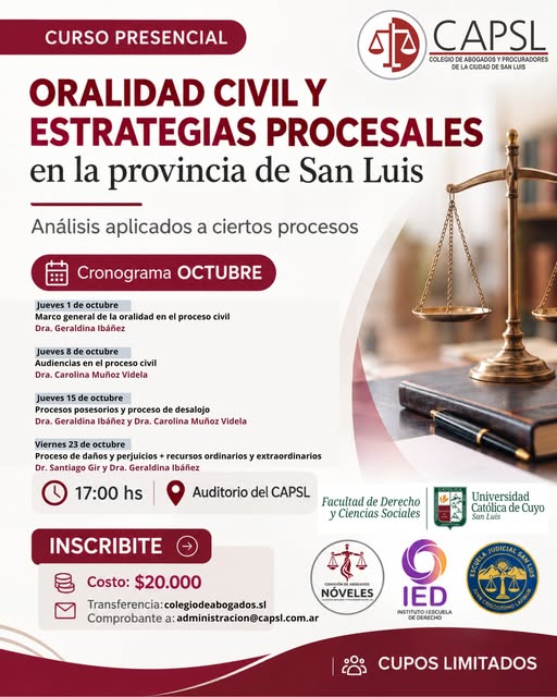 📚⚖️ CURSO PRESENCIAL ORALIDAD CIVIL Y ESTRATEGIAS PROCESALES EN LA PROVINCIA DE SAN LUIS