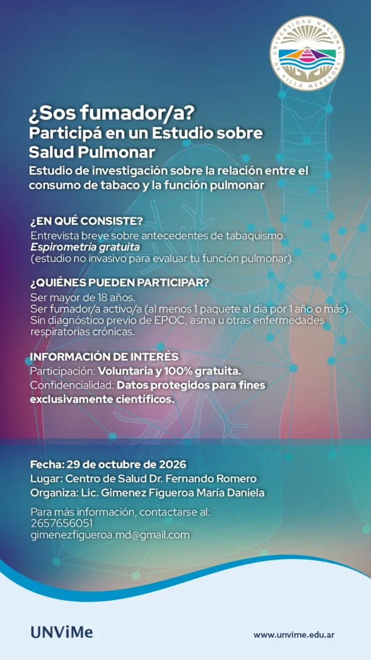 LA UNVIME CONVOCA A PERSONAS FUMADORAS A PARTICIPAR DE UN ESTUDIO DE INVESTIGACIÓN SOBRE SALUD PULMONAR